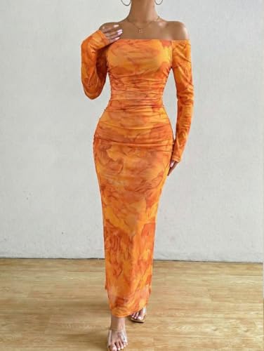 Image of LIGHT DOT Women's Printed Off Shoulder Maxi Dress Long Sleeve Bodycon Ruched Mesh Cocktail Dress