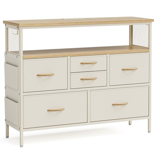 IKIFLY チェスト収納 箪笥 棚付き 寝室収納チェストおしゃれ リビング収納タンス 引き出し 大容量 北欧 洋服タンス 布製 テレビボード 整理タンス組立簡単一人暮ら【幅100×奥行29.5×高さ82.5cm】ベージュ