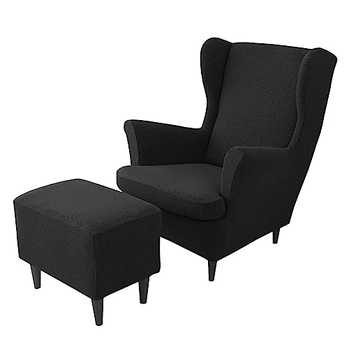 Funda protectora de terciopelo para sillón orejero y otomana en negro 2