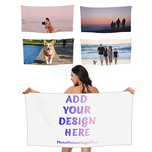 Personalized Beach Towel Custom Towels Design Your Photo Text Logo Fast Drying Easy to Carry Towels with Names for Hiking Travel Home Use (White, 31.5