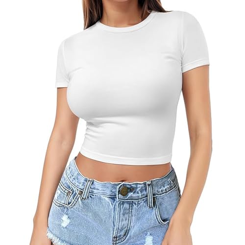 Kxydlww Maglietta Donna T-Shirt Girocollo a Maniche Corte con vestibilità Classica Sexy Top Solido Taglio Slim Aderente Ragazza Y2K Maglie Maglia Basic Evolution T
