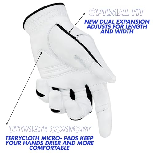 Bionic Men\'s StableGrip with NaturalFit 2.0 Golf Glove with Dual Expansion Thumb for Best Fit - Premium Cabretta Leather… (White, X-Large, Left)