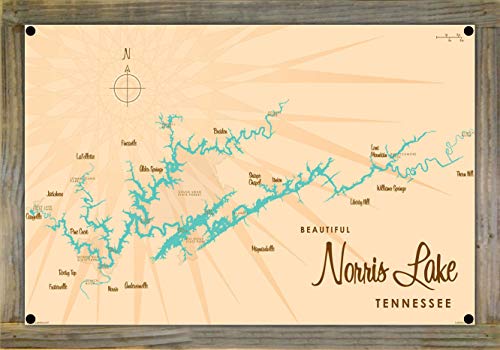 Northwest Art Mall Norris Lake Tennessee Map Metal Print on Reclaimed Barn Wood by Lakebound 12" x 18"
