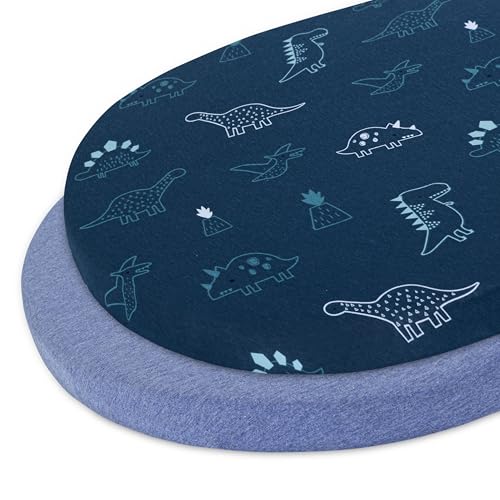 Image of Dreamology Bassinet Sheets,100% Cotton Knitted Jersey,Soft,Cotton Bassinet Sheets Boy,Girl,2 Pack,Universal Fit for Oval, Hourglass or Rectangle Bassinets (17"x32"x4") | Denim Blue and Dino