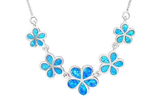 Honolulu Jewelry Company Sterling Silver Five Plumeria Flower Necklace with Simulated Blue Opal