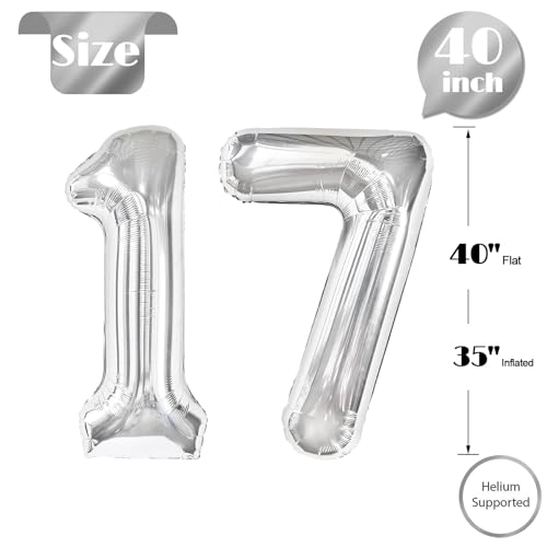 Image of Silver Number 17 Balloon 40 inch, 17 Number Balloons, 17th Silver Birthday Decorations, 17 Year Old Silver Party Supplies