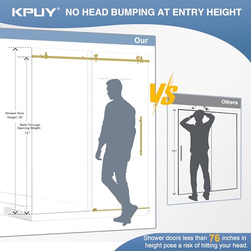 KPUY Frameless Shower Door, 55-60" W x 76" H Sliding Glass Shower Door, 1/4" (6mm) Thick Tempered Clear Glass with Explosion-Proof Film Nano Coating, Stainless Steel Hardware, Brushed Gold