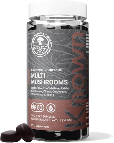 Known Tasty Multi Mushrooms Gummies - Lion’s Mane, Cordyceps - Immunity & Energy - Natural Blackcurrant Flavour - 60 Vegan Gummies, 1 Month Supply