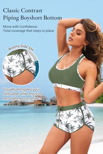 Image of Women Two Piece Sporty Bikini Set Athletic Swimsuits with Boy Shorts Bottom