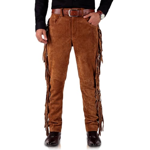 Men’s Cowboy Fringe Leather Pants (Black, Leather Jeans) - 2504005