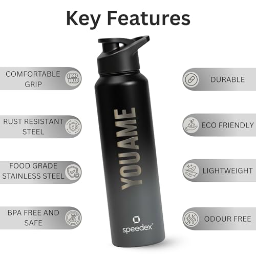 Image of Speedex Engraved Name Stainless Steel Sipper Water Bottle 1 Ltr - Customised Personalised Bottle for Kids & Adults, School, Gym, Sports, Black, Set of 1 (Black Grey, Set Of 1)