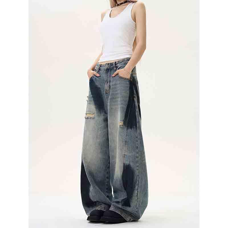 Women's Patchwork Torn Hole Spray Painted Vintage Jeans Y2K Loose Wide Leg Hanging Feeling Long Pants4