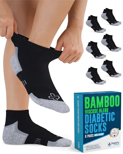 Doctors Select Bamboo Viscose Diabetic Ankle Socks for Men- 6 Pairs Black Moisture-Wicking Non Binding Wide Top Low Cut Mens Diabetic Socks