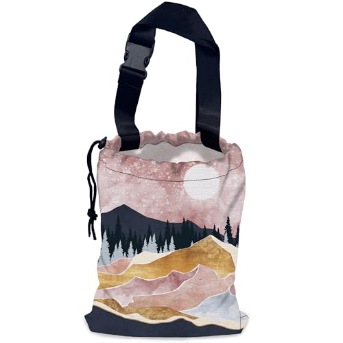 Image of Pink Mountain Car Trash Bag,Full Moon Hanging Drawstring Car Garbage Bag,Waterproof Canvas Car Back Seat Organizer with Adjustable Buckle,for Vehicles,SUVs,Camping,Road Trips