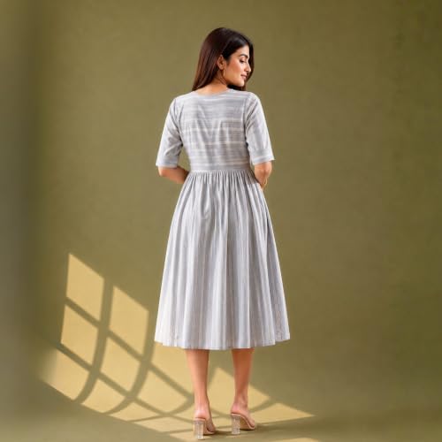 Image of Women's Grey Striped Cotton Midi Dress | Round Neck | Hand Block Print, Button Detailing, Half Sleeves | A-Line Casual One Piece Frock