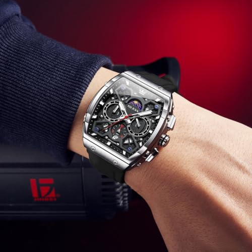 OLEVS Mens Watches Chronograph Waterproof Luminous Silicone Strap Multifunction Watches for Men Quartz Business Calendar Men Watches, silver black watch 42, mens watch