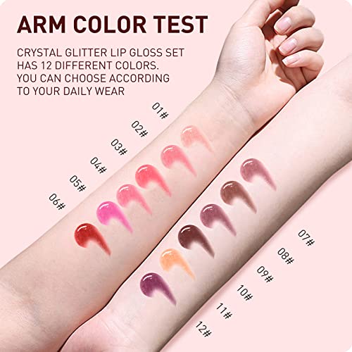Ofanyia 12 Colors Crystal Lip Gloss Liquid Lipstick Set, Shimmer Glitter Moisturizing Lip Glosses, Long-Lasting Lip Tint Glossy Lip Makeup For Kids Teens Women #TOP5