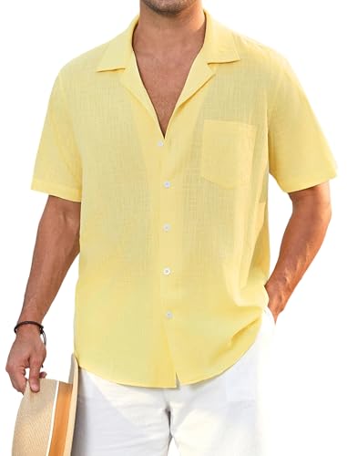 Versione elegante: Classica camicia di lino da uomo; vestibilità regolare e colletto cubano per una vestibilità più casual e confortevole; una pratica tasca sul petto per il cellulare o gli occhiali da sole. Tessuti leggeri in splendidi colori per un look più alla moda.