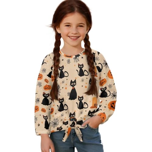 Girls Top Tees with Front Knot,Crew Neck Soft Kids T-Shirt,Casual Loose Girls Long Sleeve Shirts for School