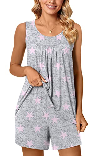 Image of POPYOUNG Pajama Set for Women Summer 2 Piece Lounge Shorts Sets Sleepwear | Womens Pajama Sets Cooling pijamas de mujer for Summer with Pockets Sleeveless Nightwear Outfits Pjs Shorts Set