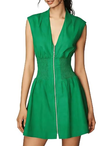 Image of Women's V Neck Summer Dress Cap Sleeve Zipper Mini Dress Smocked Slit Dress with Pockets
