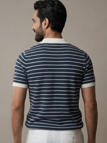 Image of GRECIILOOKS Polo T Shirt for Men | Knitted Block Collar Neck T-Shirt | Smart Casual Striped Design | Premium Mens T Shirts | Office Wear, Travel & Everyday Styling