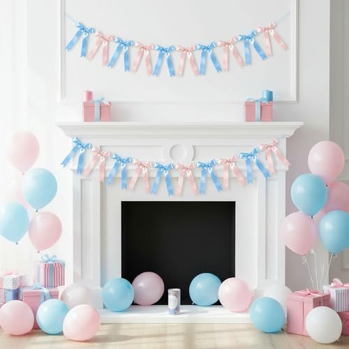Image of NatNarr 2 Pcs Gender Reveal Party Decor, Pink and Blue Garland Banner Satin Ribbon Party Decorations Pre-Strung Bow Decor Banner for Baby Shower Wedding Birthday Parties