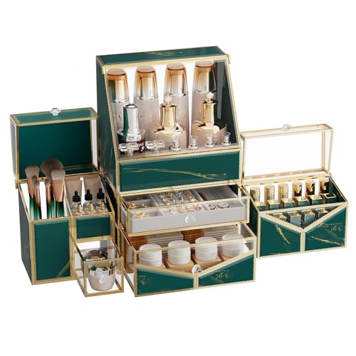 Extra Large Makeup Organizer, Glass Cosmetic Storage with Drawers, Stackable Makeup and Jewelry Organizer for Vanity Table, Bathroom Countertop, Skincare, Lipsticks, Perfume, Brushes