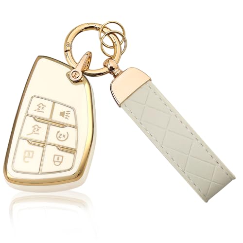 Aoocar 6 Button TPU Key Fob Cover with Leather Keychain Compatible with 2021 2022 2023 2024 2025 2026 GMC Yukon Denali Sierra Fit for Chevy Silverado Suburban Tahoe Buick White