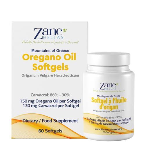 Zane Hellas Gélules d’huile d’origan. La concentration la plus élevée au monde. Chaque Softgel contient 30% d'huile essentielle grecque pure d'origan. 130 mg de carvacrol par softgel. 60 gélules.