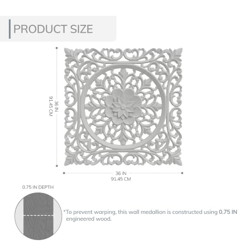 Image of JFY Designs Kaska Hand Carved Wood Medallion Wall Panels Bedroom Decor | Wall Mount Floral Sculpture Wall Art for Living Room, Bedroom Set, White Distressed Finish, Square 36 x 36 inch