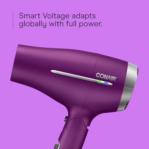 Image of Conair Worldwide Folding Handle Hair Dryer with Concentrator & Diffuser, 1875W Travel Blow Dryer with Smart Voltage Technology, Ionic Conditioning Fights Frizz, 3 Heat & 2 Speed Settings, Purple