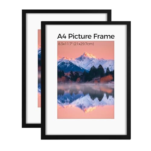 LUOJINYI 2 Marco para fotos A4 (21 x 29,7 cm), Din A4 con cristal acrílico, marco para fotos A4 con soporte de pared de madera, marco para montaje en pared horizontal o vertical (negro)