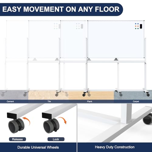 Image of Large Dry-Erase Rolling Magnetic Whiteboard - TSJ OFFICE 48 x 32 Inches Dry Erase Board with Stand Height Adjust Double Sides Mobile White Board Easel on Wheels Office, Home & Classroom