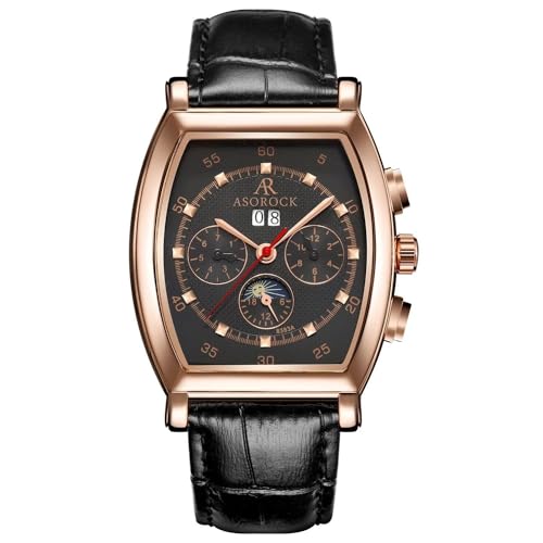 ASOROCK WATCHES Rosegold/Black Ambassador | 42mm Mens Automatic Stainless Steel Watch | tonneau Barrel Homage Style | Top Grain Italian Leather Watch Band | Moonphase Perpetual Calendar Watch