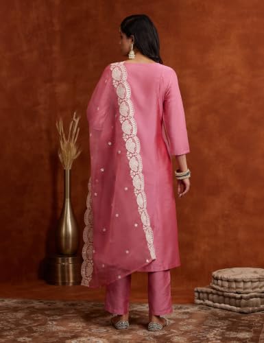 Image of Amazon Brand - Myx Women's Kurta Pant Set with Embroidered Organza Dupatta|A-line fit (Available in Plus Sizes)