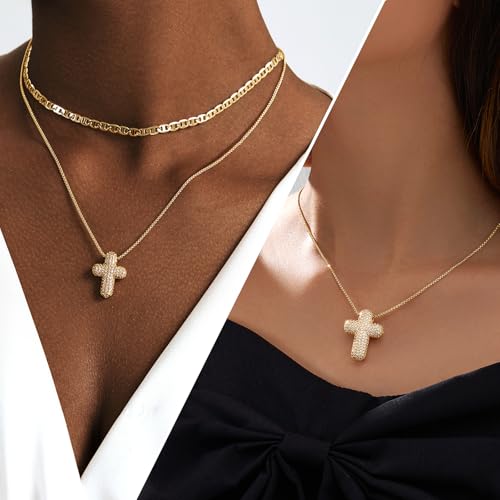 OGD Bubble Cross Necklace for Women 14k Gold Plated Cross Necklace Stackable Dainty Gold Necklace Mariner Chain Necklace CZ Cross Pendant Necklaces Set Simple Jewelry Gift3