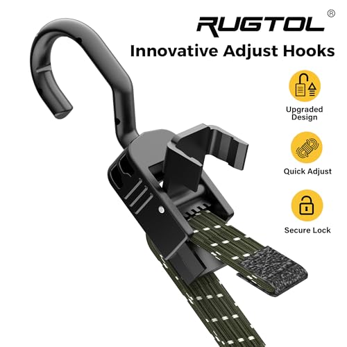 Image of Rugtol Bungee Cords with Hooks, 48 Inch Long Adjustable Flat Bungee Straps with Upgraded Quick Release Buckle, Black Green Easy Adjust Elastic Cords with Metal Hooks for Bike, Outdoor, Tarp, 6 Pack