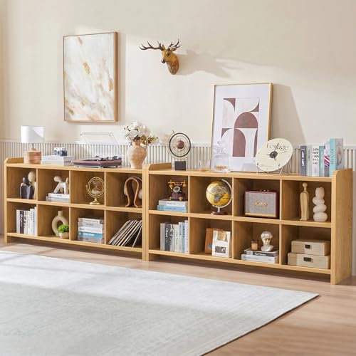Image of 8 Cube Low Storage Organizer, 63 inch Long Horizontal Bookshelf, Natural