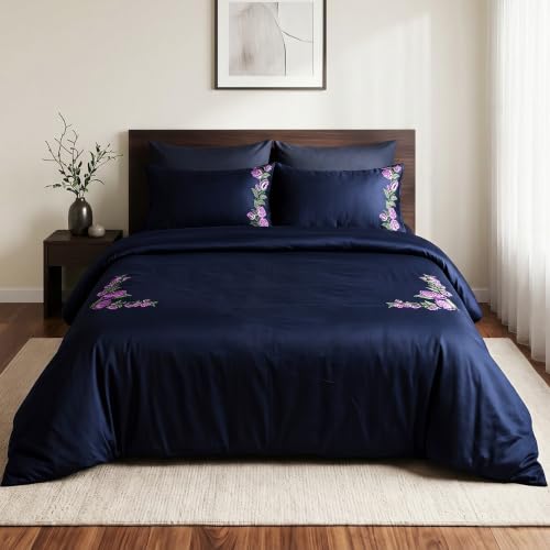 Image of Embroidered Premium Bedsheet Set | 300 TC 100% Cotton 1 Queen Bedsheet Set | Extra Smoothness with Sateen Weave| Hydrangea Navy Bedsheet Set (1 Flat Sheet + 2 Pillow Cases)