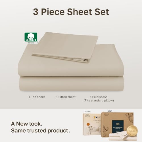 Image of Soft Natural 100% Cotton Sateen Twin Size Sheets, 3 Pc Set, Butter