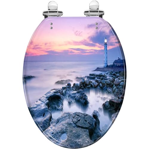 Elongated Toilet Seat Lighthouse Resin Toilet Seat Slow Quiet Close with Quick-Release Hinges Toilet Seat with Cover Easy to Clean Install