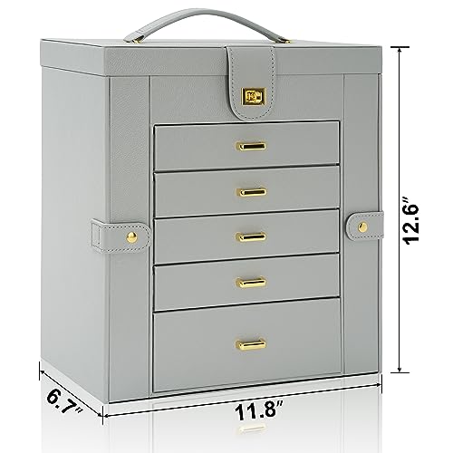 AKOZLIN Extra Large 6-Tier Jewelry Box Organizer Functional Huge, 5 Drawers Leather Jewelry Storage Case Grey