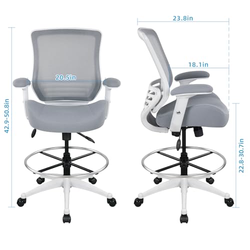 Image of BOLISS 400lbs Mesh Ergonomic Drafting Chair,Tall Office Chair, Standing Desk Chair,Height Adjustable Armrest,Lumbar Support,Foot Ring,Swivel Computer Task Chair-Gry