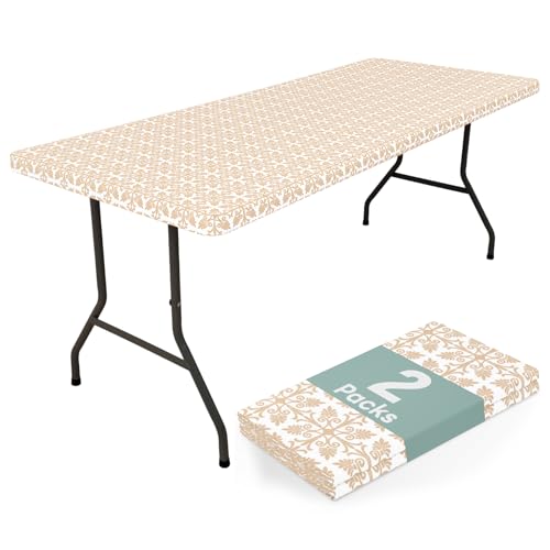 misaya 2 Pack 6 Foot Rectangle Picnic Tablecloth, Elastic Fitted Waterproof Table Cover, Windproof Washable Polyester Table Cloth for Camping, Indoor and Outdoor (Khaki, 30" x 72")