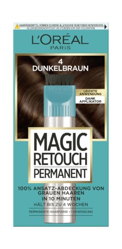 LOréal Paris 100% Ansatz-Abdeckung zum Kaschieren grauer Haare permanente Haarfarbe langanhaltender Haar Concealer leichte Anwendung Magic Retouch Permanent Nr. 4 Dunkelbraun 1 Stück