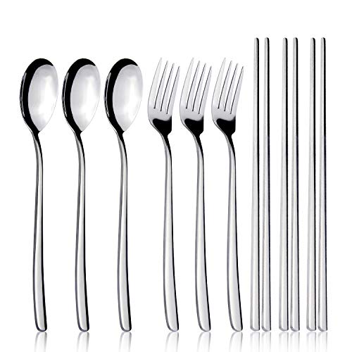 IQCWOOD Spoons and Forks Flatware Set, 3 Pairs Chopsticks Forks and Spoons Silverware Korean Utensil Set, Stainless Steel Korean Dinnerware Portable Utensils for Home