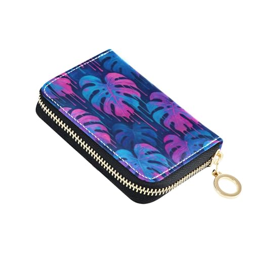 RFID Blocking Card Holder Cute Women Wallet Zip Around Leather Coin Purse Wallet with Zipper Artistic Monstera Leaves Blue