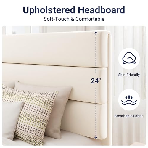 Image of Allewie King Size Platform Bed Frame with Velvet Upholstered Headboard and Wooden Slats Support, Fully Upholstered Mattress Foundation /No Box Spring Needed /Easy Assembly, Cream