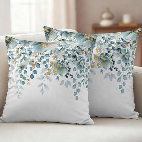 Teal Tulip Eucalyptus Outdoor Pillow Covers 26x26 Set of 2,